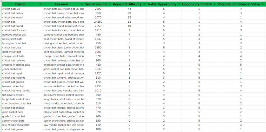 long tail keywords report - with their potential value